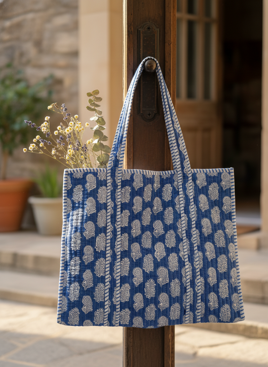 Light Blue Floral Quilted Tote Bag