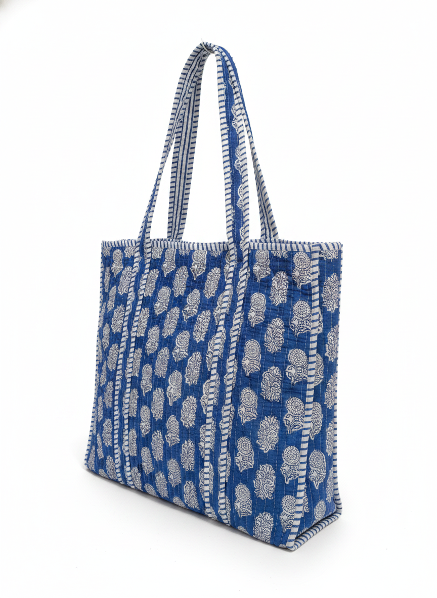Light Blue Floral Quilted Tote Bag