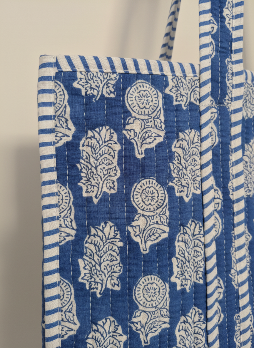 Light Blue Floral Quilted Tote Bag
