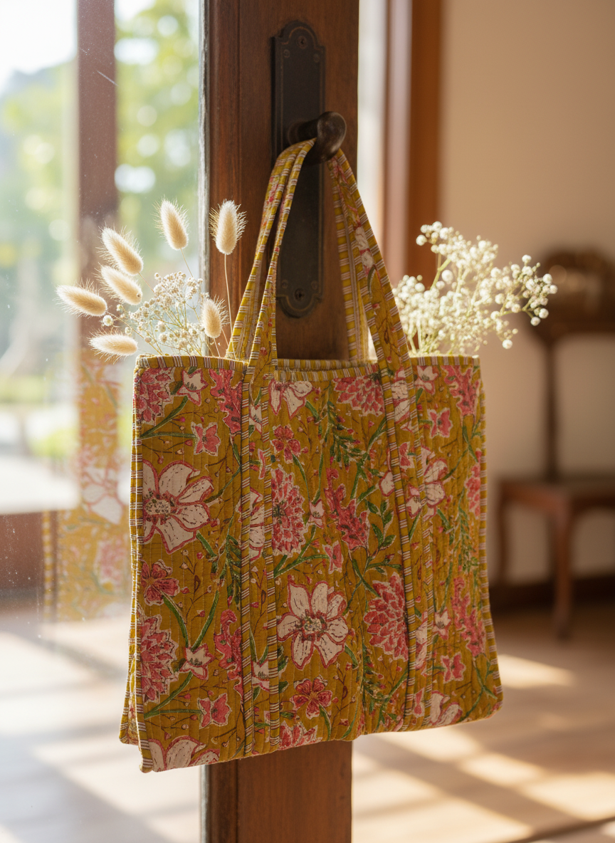 Yellow Floral Cotton Tote Bag