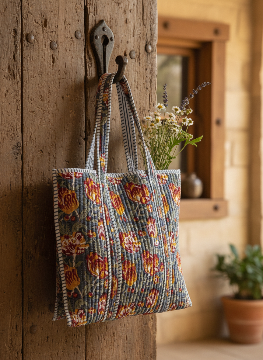 Gray Flowers Quilted Cotton Tote Bag
