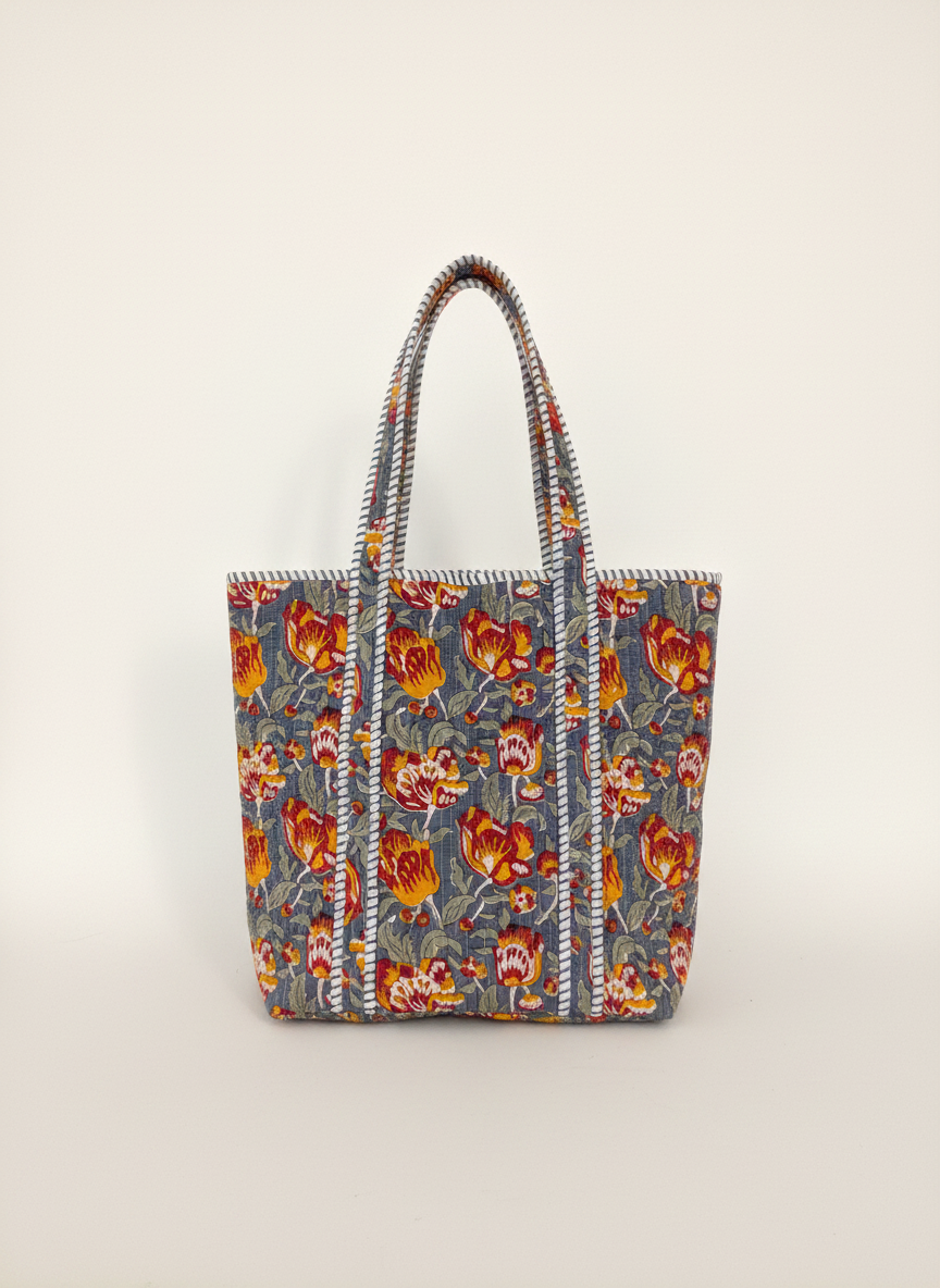 Gray Flowers Quilted Cotton Tote Bag
