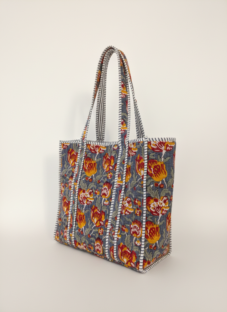 Gray Flowers Quilted Cotton Tote Bag