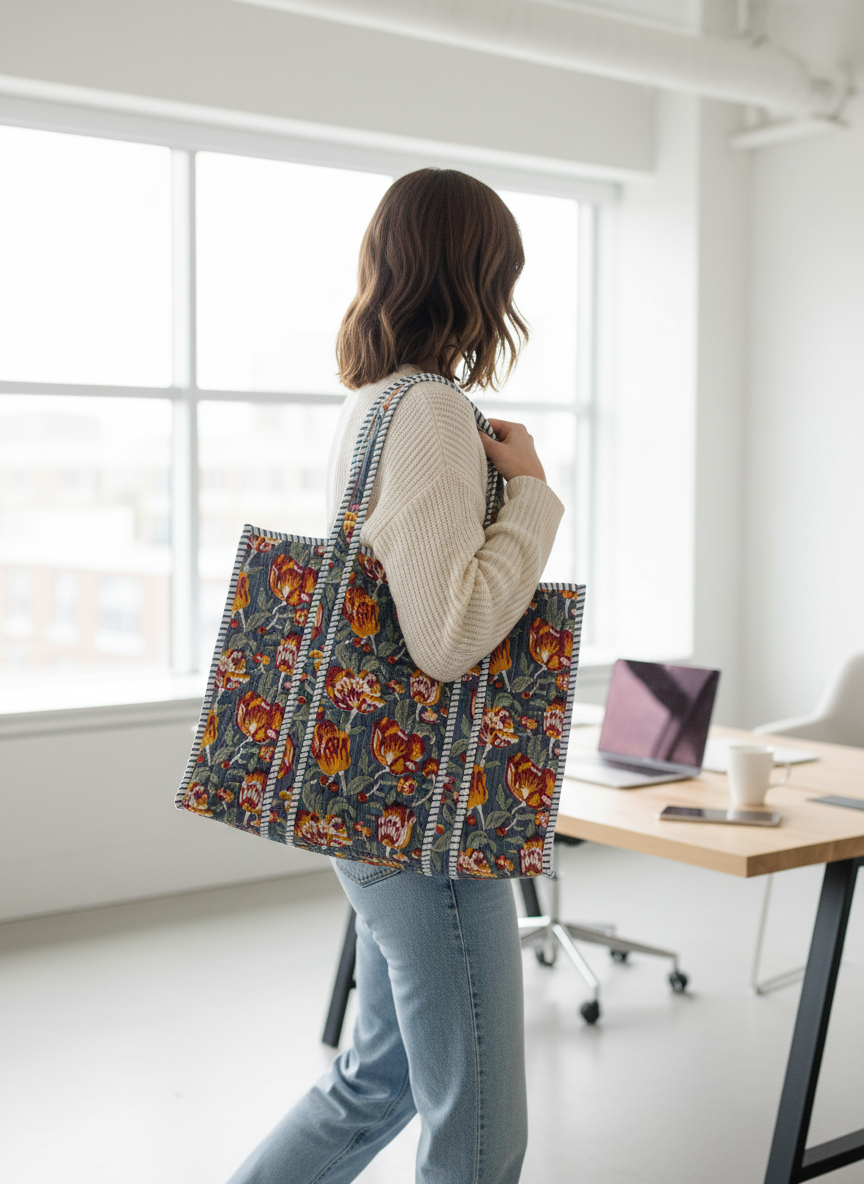 Gray Flowers Quilted Cotton Tote Bag