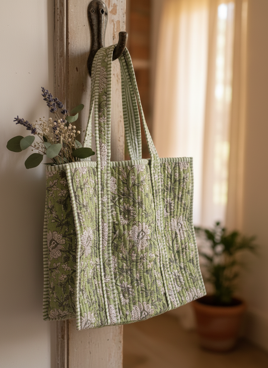 Green Bahar Floral Quilted Cotton Tote