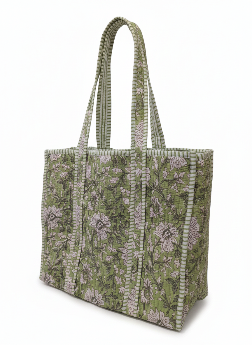 Green Bahar Floral Quilted Cotton Tote