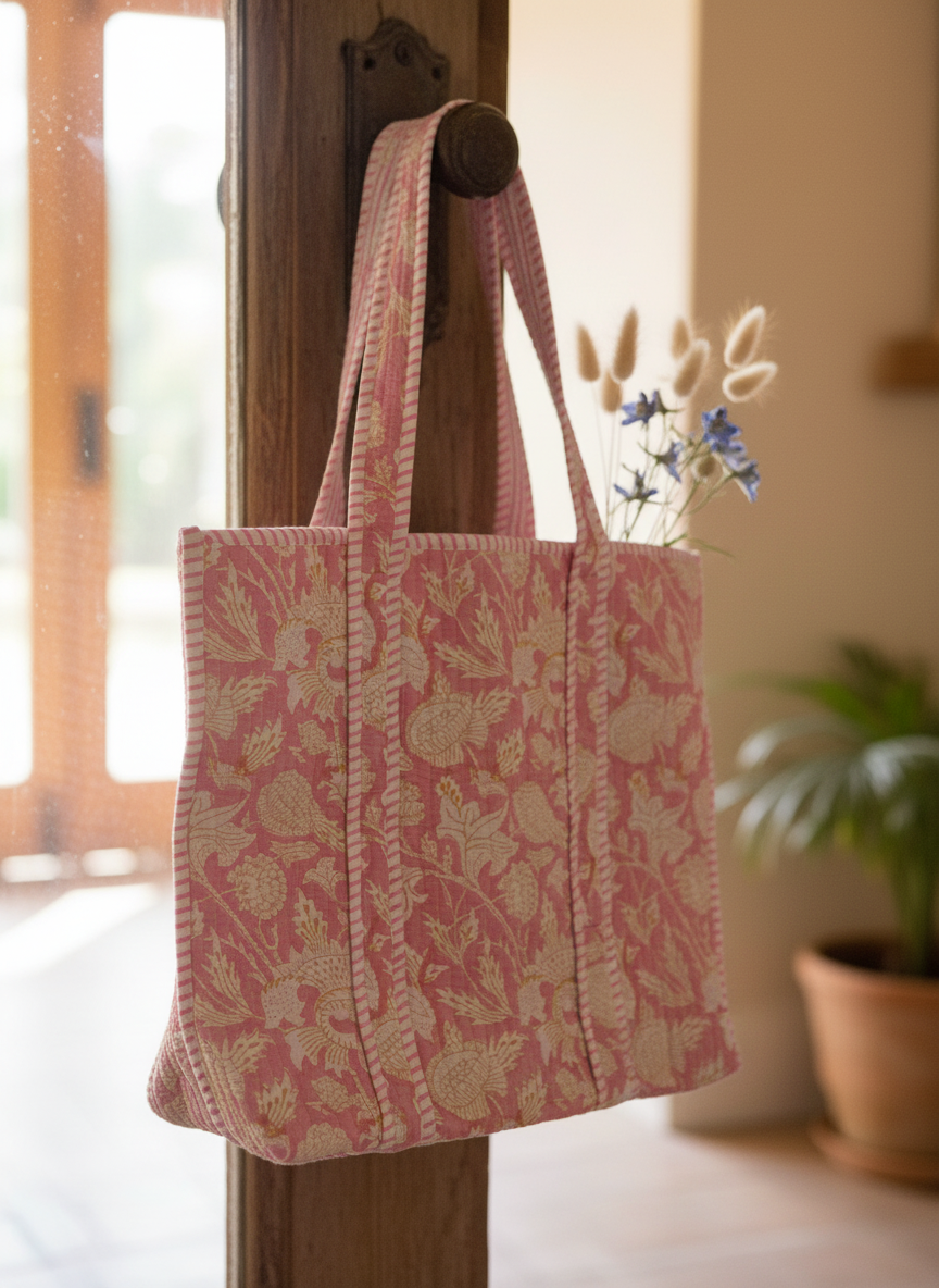 Artisanal Baby Pink Quilted Cotton Tote Bag
