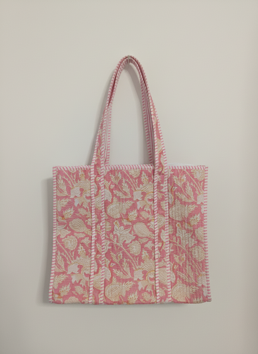 Artisanal Baby Pink Quilted Cotton Tote Bag