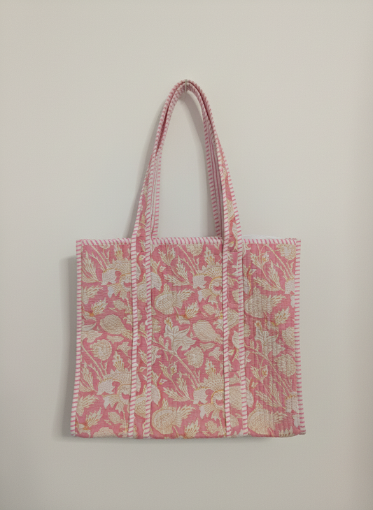 Artisanal Baby Pink Quilted Cotton Tote Bag