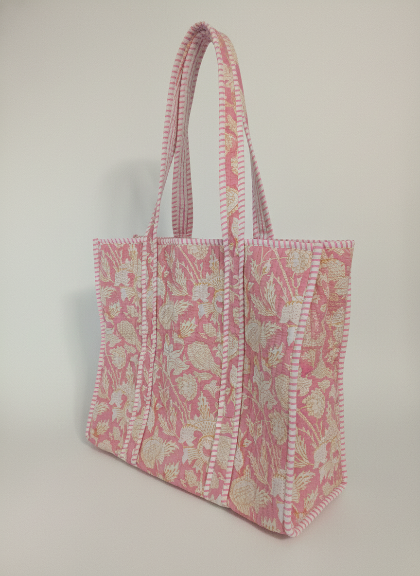 Artisanal Baby Pink Quilted Cotton Tote Bag