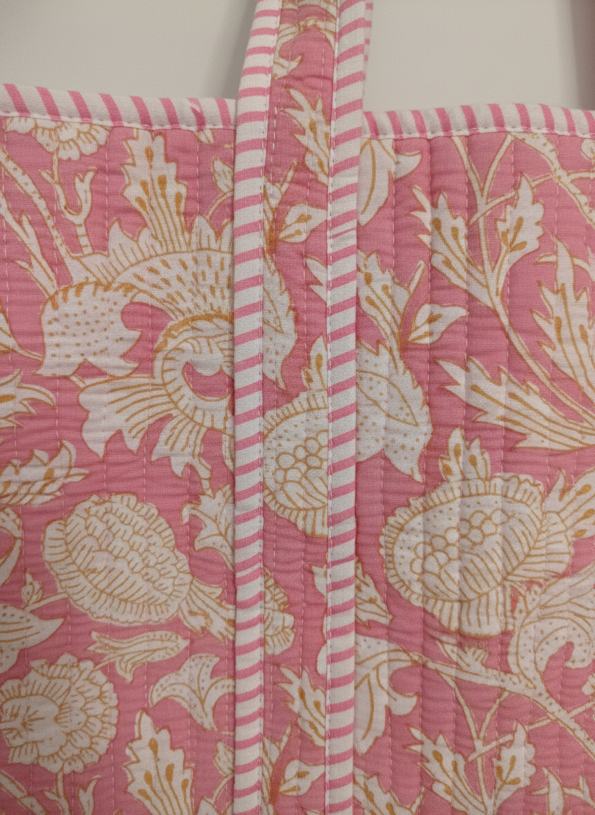 Artisanal Baby Pink Quilted Cotton Tote Bag