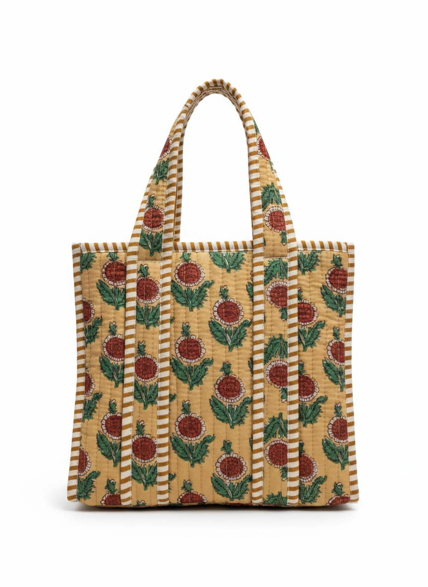 Yellow Floral Quilted Cotton Lunch Bag