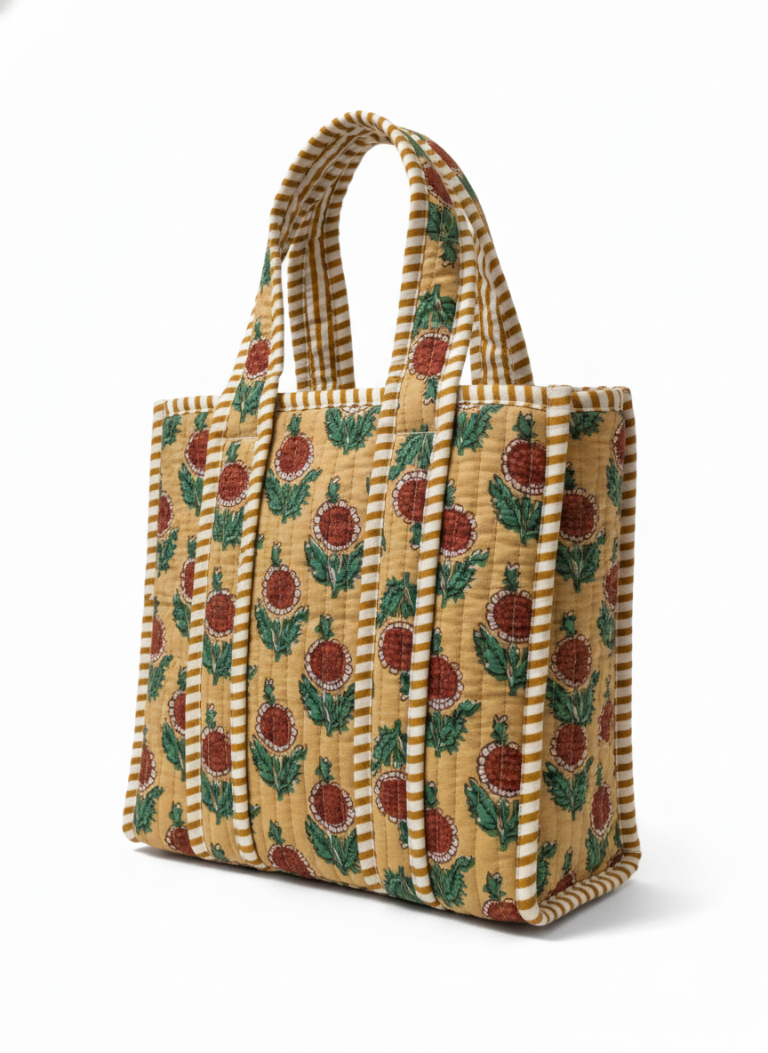 Yellow Floral Quilted Cotton Lunch Bag