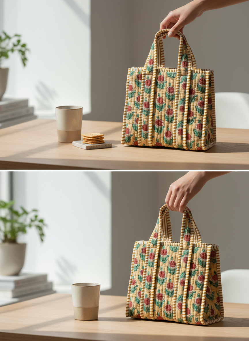 Yellow Floral Quilted Cotton Lunch Bag