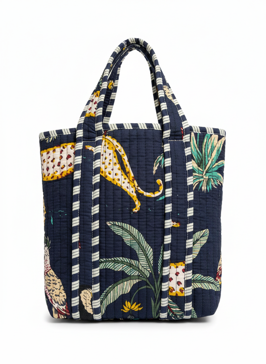 Navy Blue Jungle Print Cotton Lunch Bag