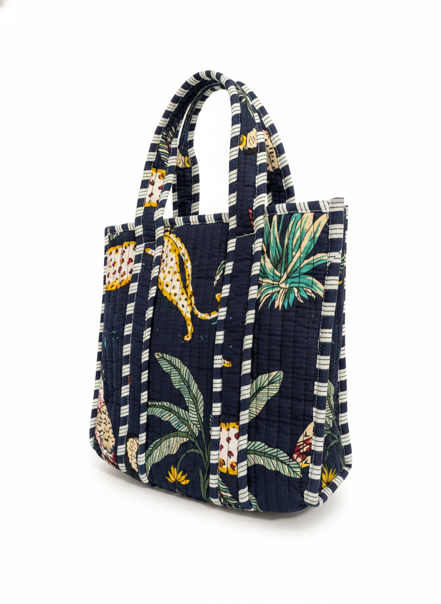 Navy Blue Jungle Print Cotton Lunch Bag