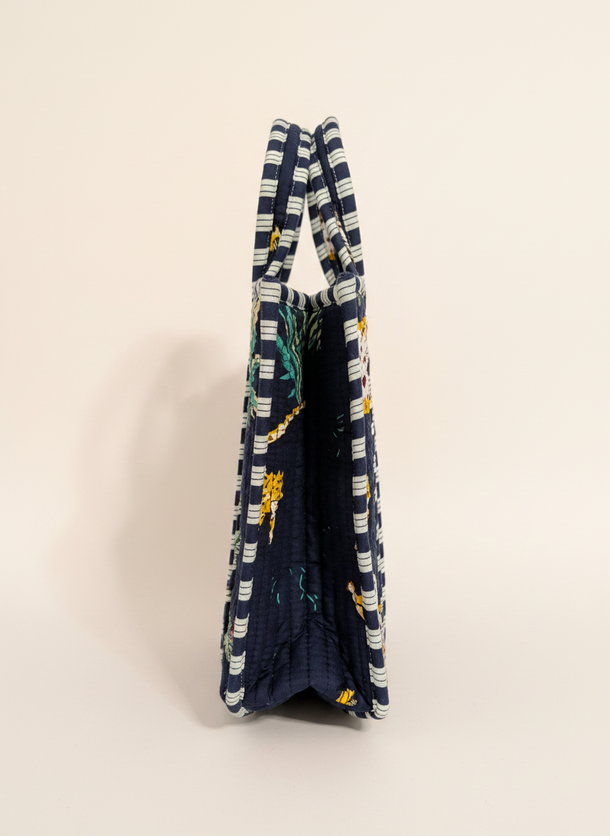 Navy Blue Jungle Print Cotton Lunch Bag