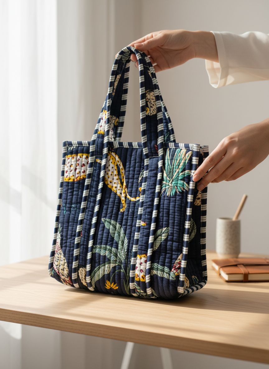 Navy Blue Jungle Print Cotton Lunch Bag