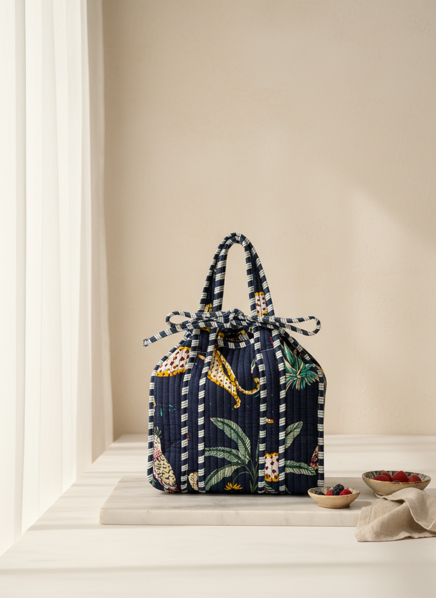 Navy Blue Jungle Print Cotton Lunch Bag