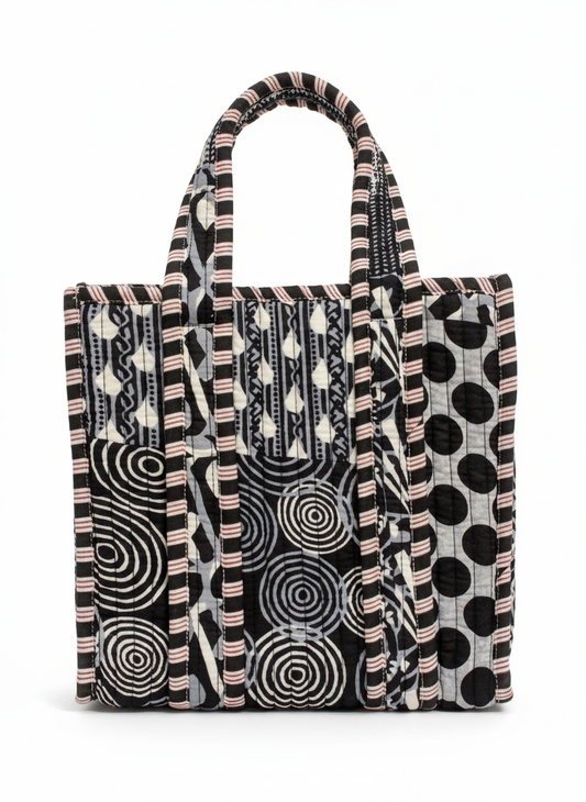 Black Geometric Floral Cotton Lunch Bag