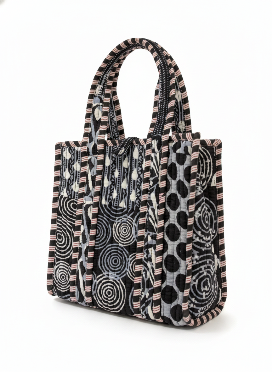 Black Geometric Floral Cotton Lunch Bag