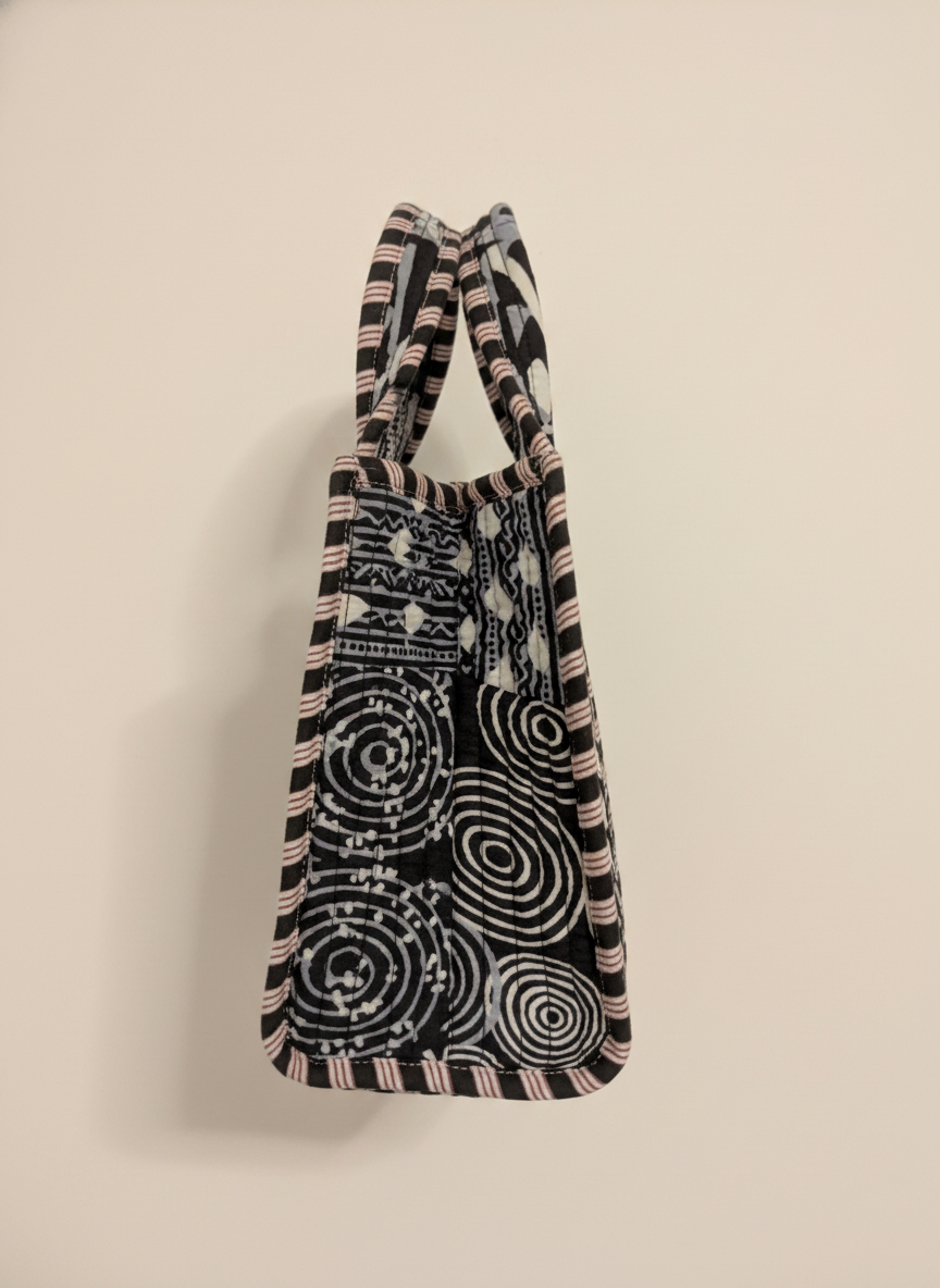 Black Geometric Floral Cotton Lunch Bag