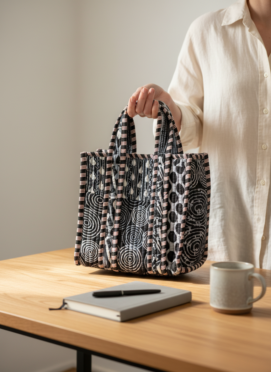 Black Geometric Floral Cotton Lunch Bag