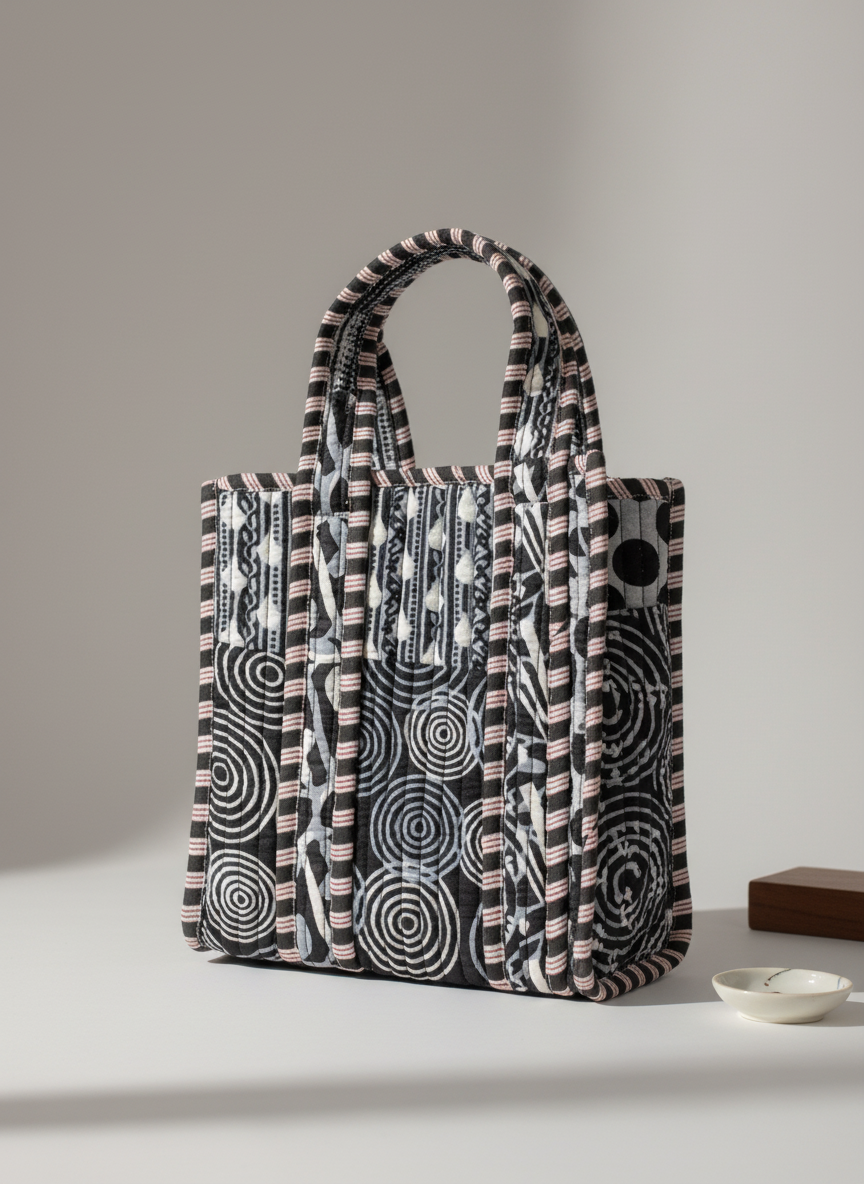 Black Geometric Floral Cotton Lunch Bag