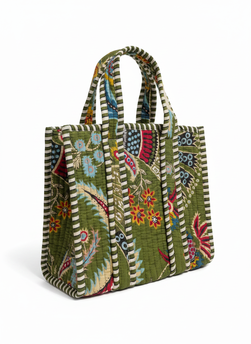 Green Floral Quilted Cotton Lunch Box