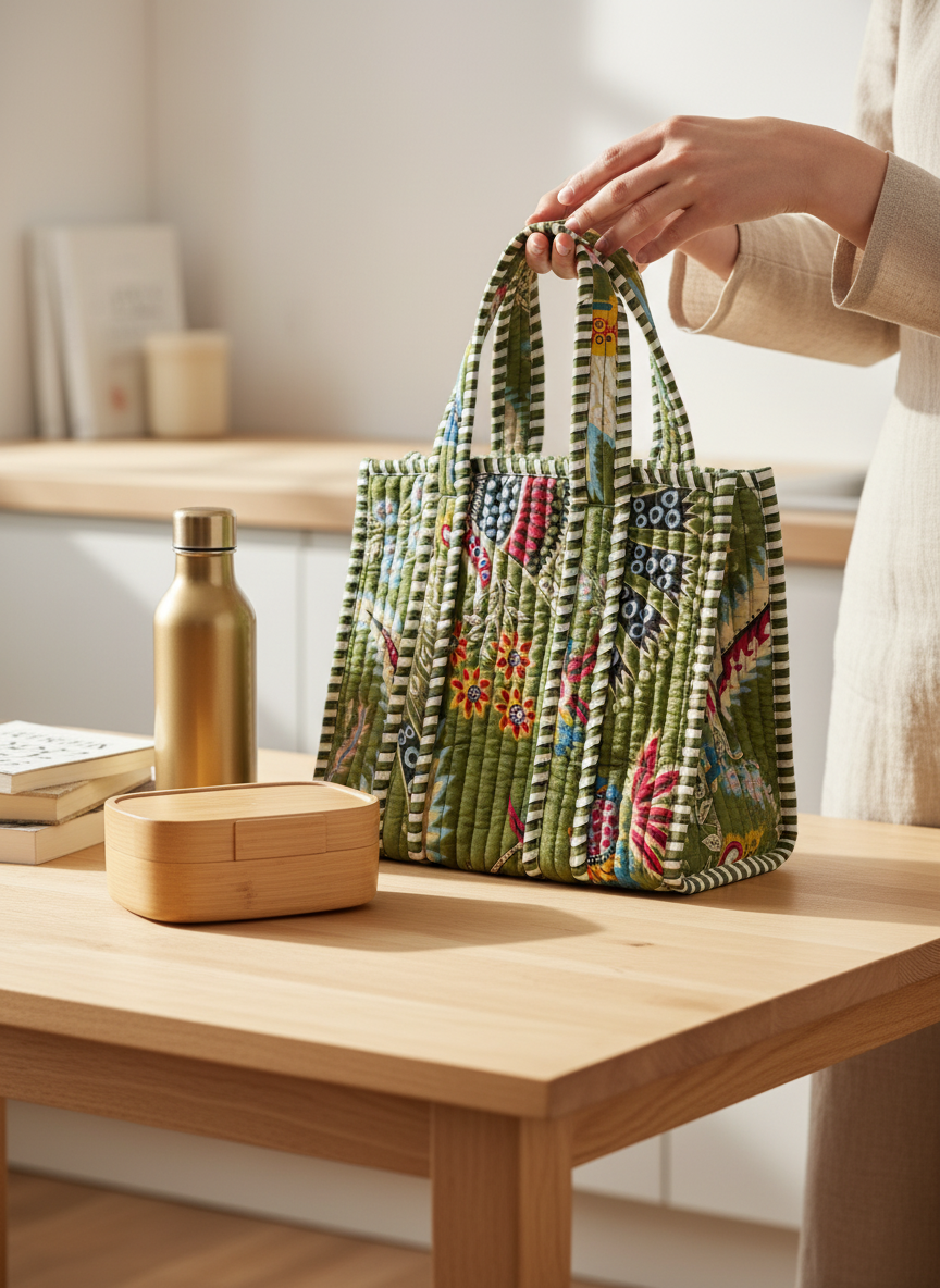 Green Floral Quilted Cotton Lunch Box
