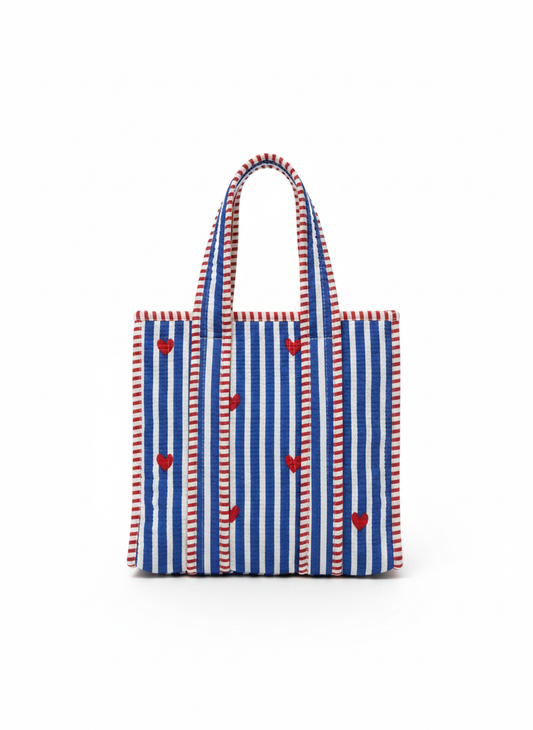 Quilted Blue Hearts Cotton Lunch Bag
