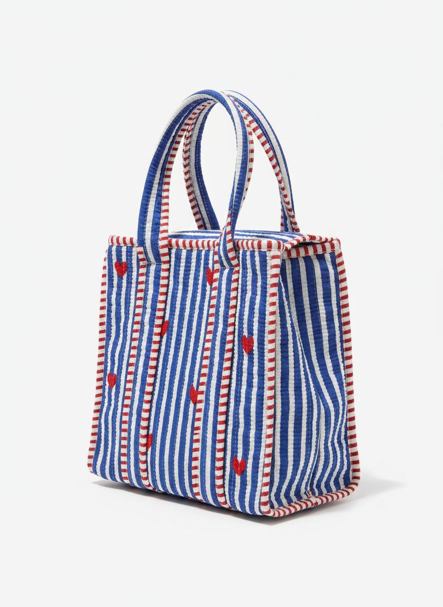 Quilted Blue Hearts Cotton Lunch Bag
