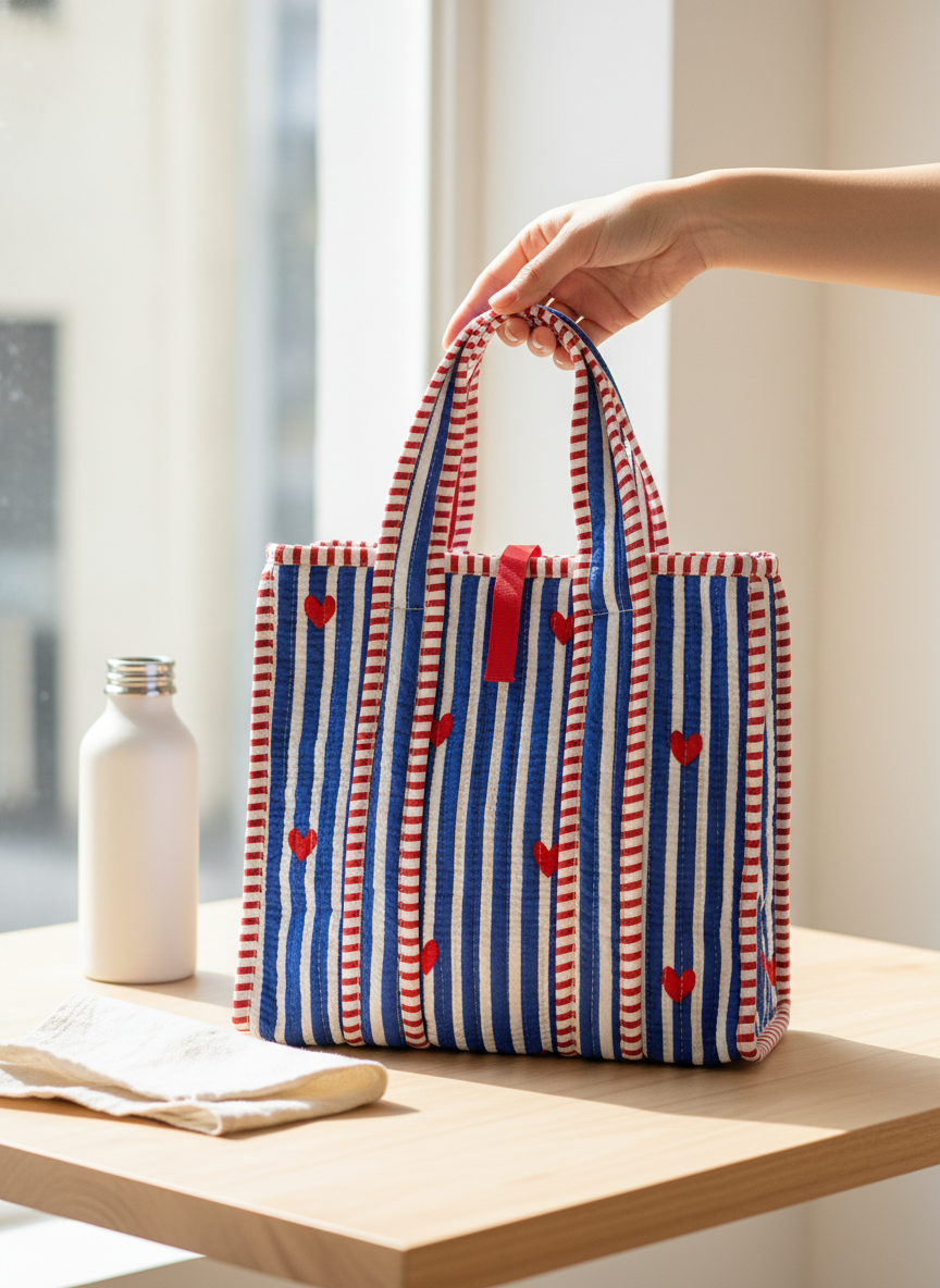 Quilted Blue Hearts Cotton Lunch Bag