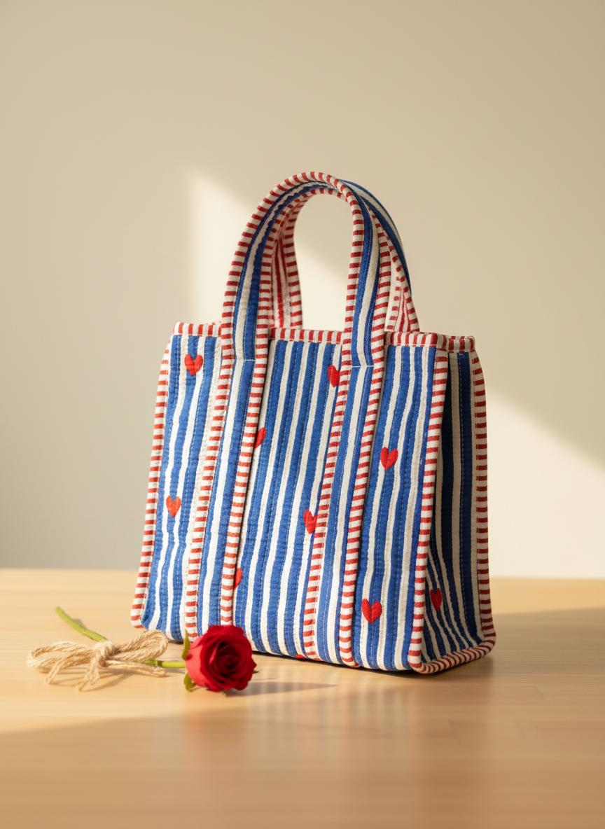 Quilted Blue Hearts Cotton Lunch Bag