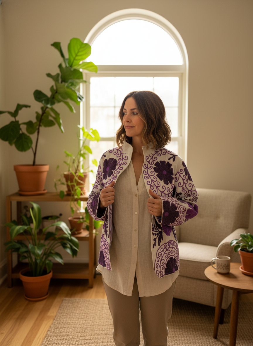 Night Purple Cotton Canvas Suzani Jacket