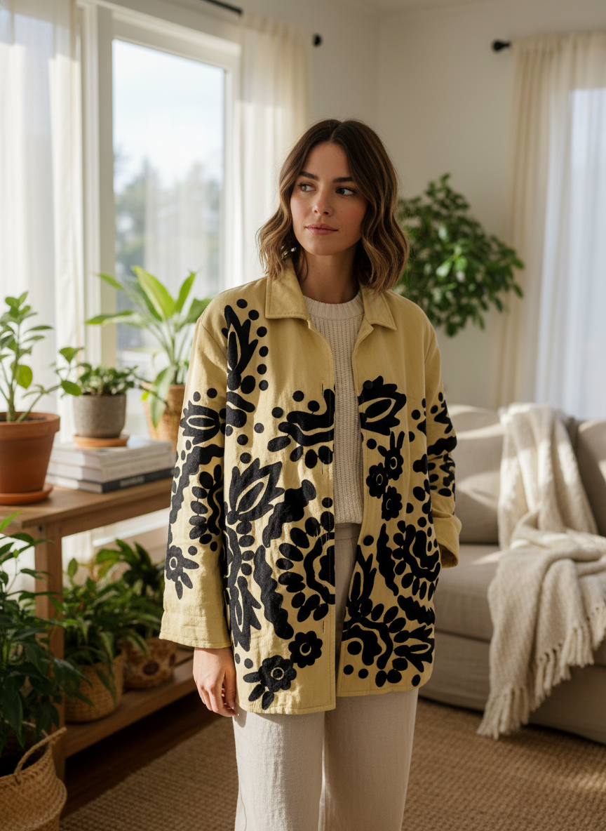 Yellow Black Cotton Canvas Suzani Jacket