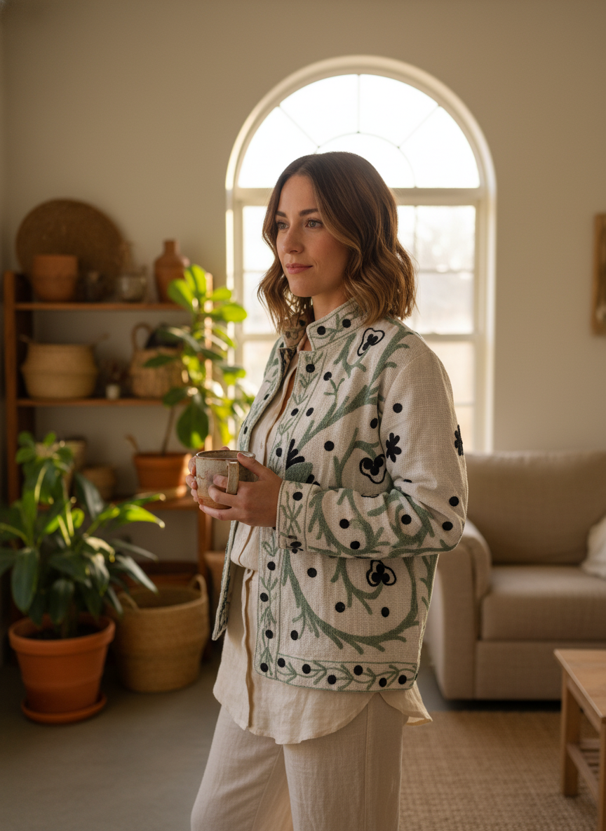 Green Black Slub Cotton Suzani Jacket