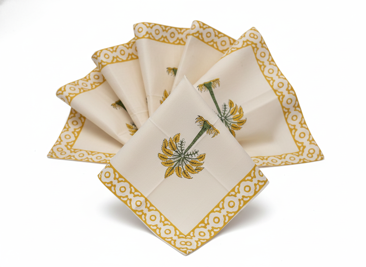 Yellow Floral Cotton Block Print Napkins