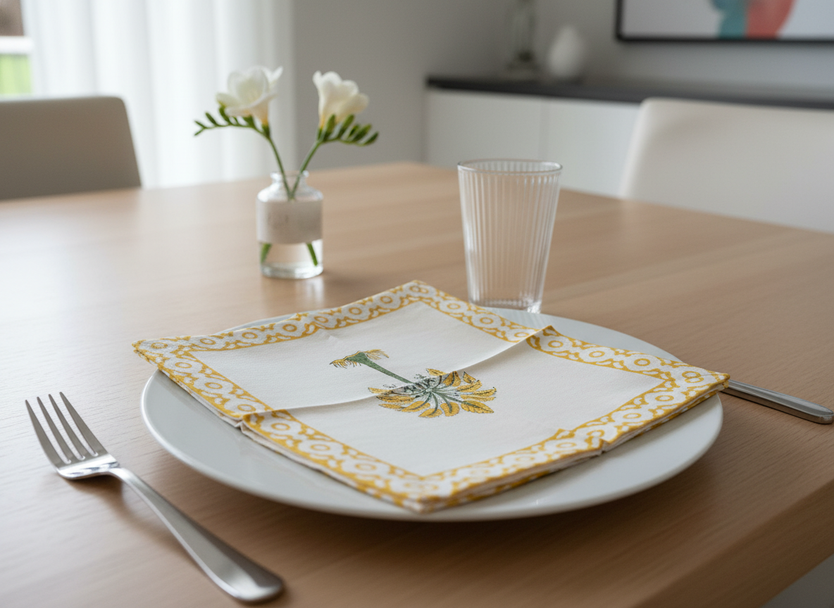 Yellow Floral Cotton Block Print Napkins