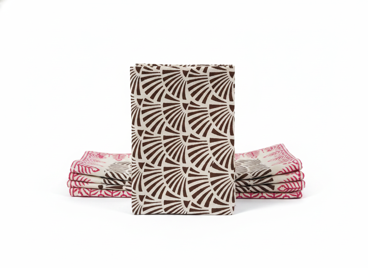 Brown Fan Block Print Cotton Napkins