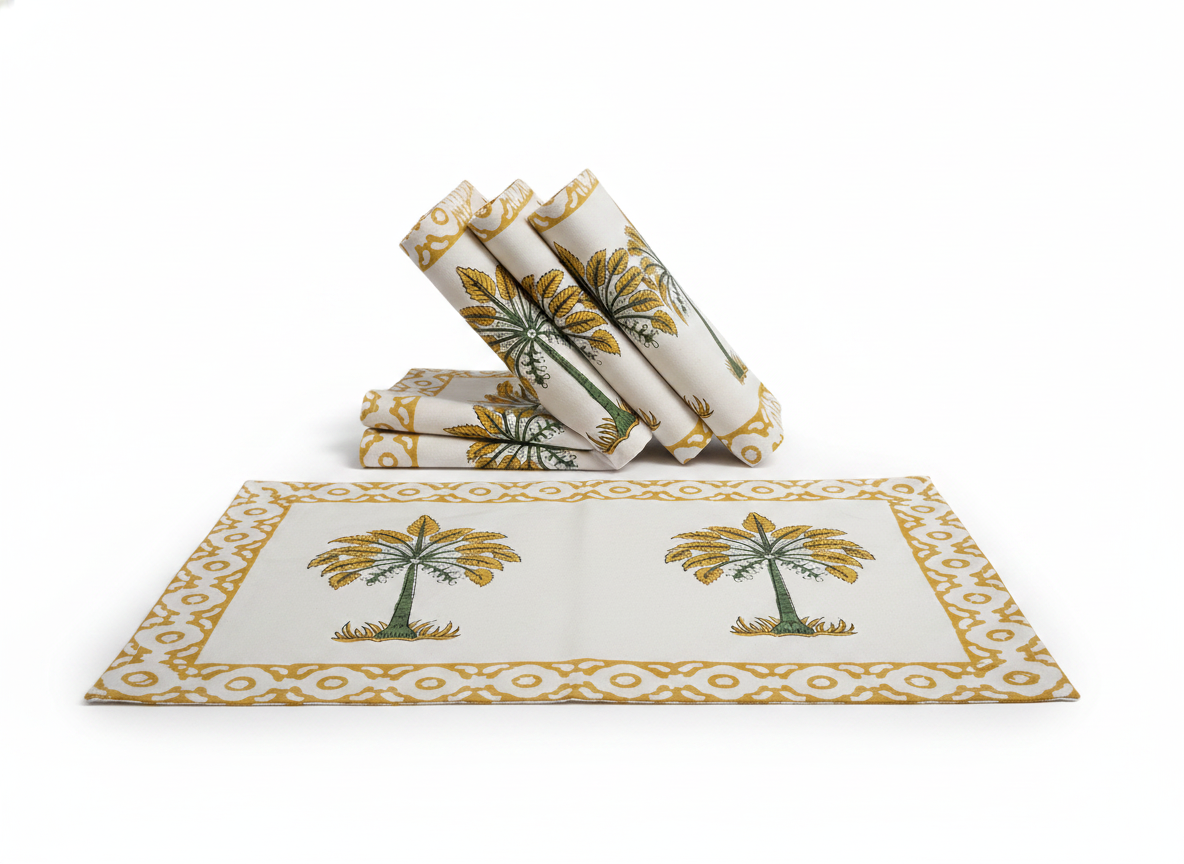 Yellow Palm Tree Cotton Block Print Placemats