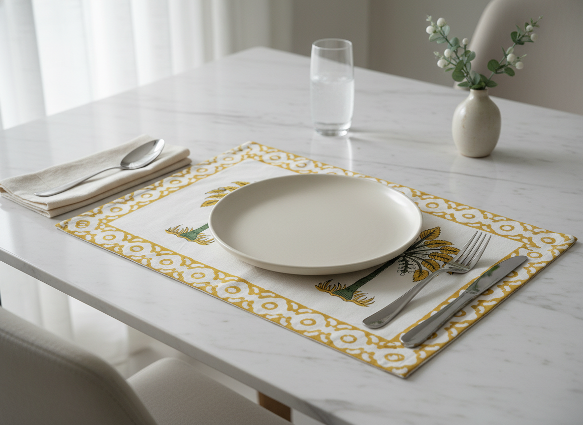 Yellow Palm Tree Cotton Block Print Placemats