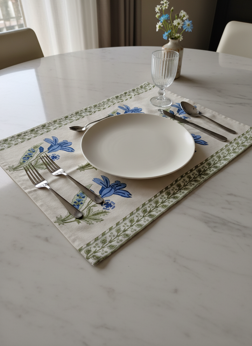 Blue Floral Cotton Block Print Placemats