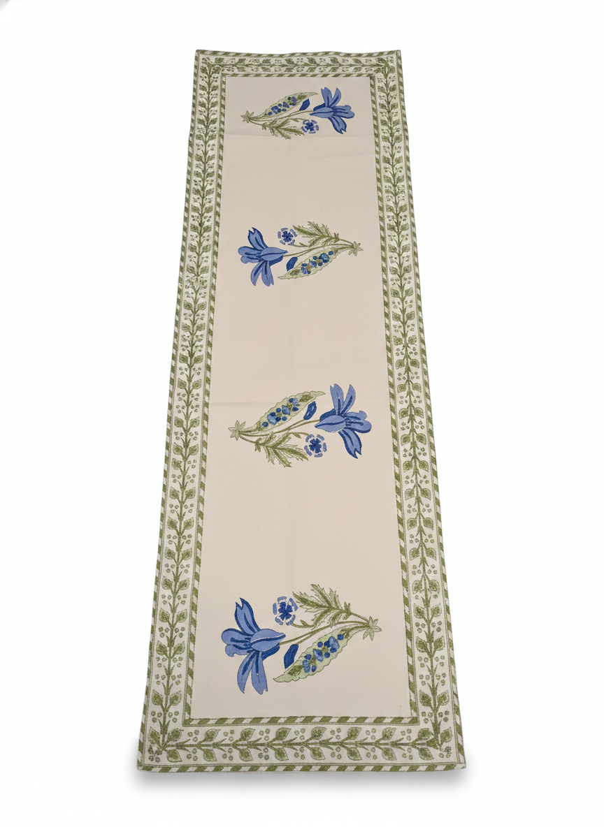 Blue Floral Cotton Block Print Table Runner