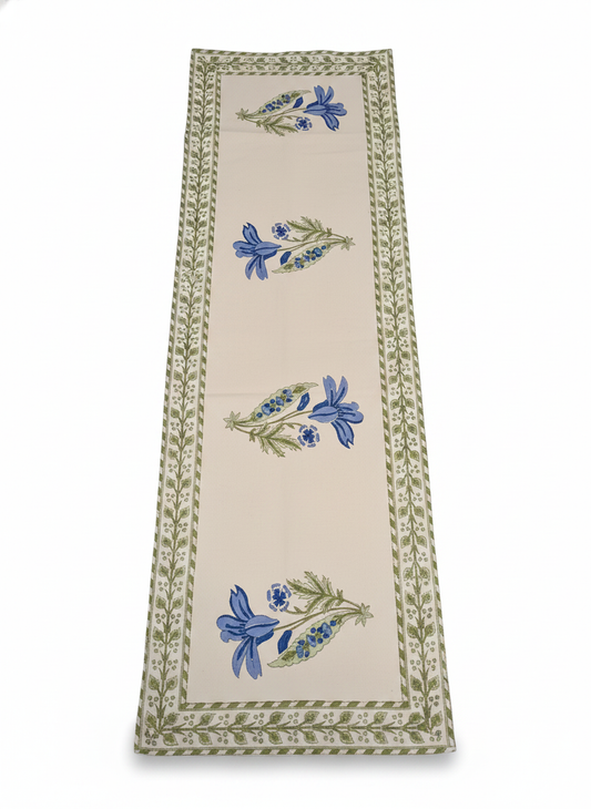 Blue Floral Cotton Block Print Table Runner