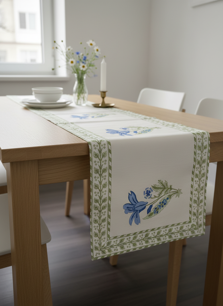 Blue Floral Cotton Block Print Table Runner