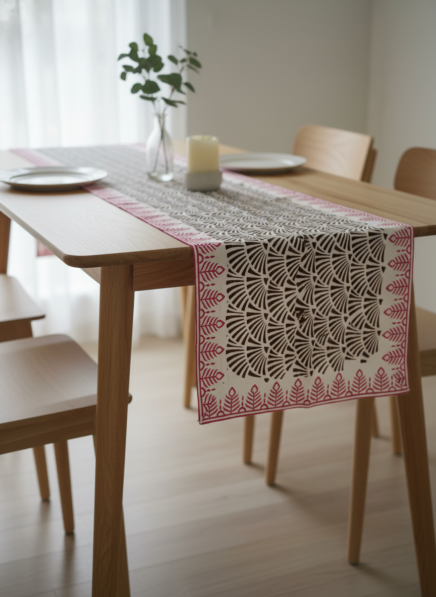 Brown Fan Cotton Block Print Table Runner