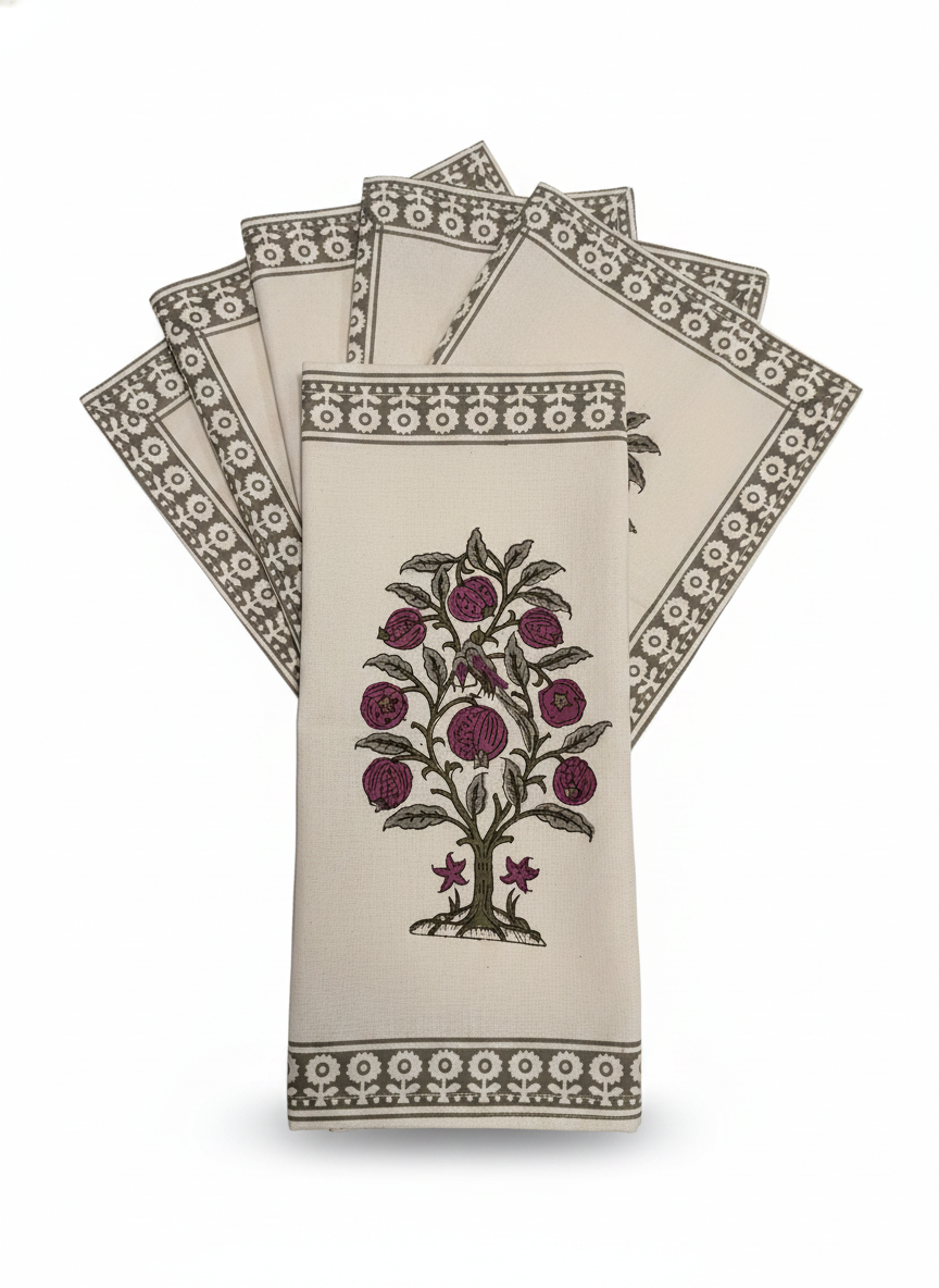 Pomegranate Tree Block Print Napkins (Grey)