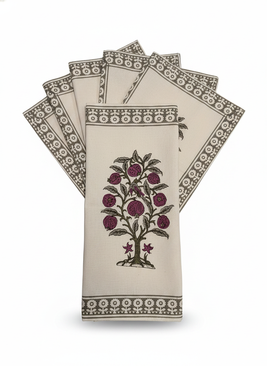 Pomegranate Tree Block Print Napkins (Grey)