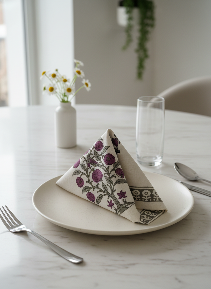 Pomegranate Tree Block Print Napkins (Grey)